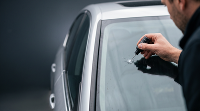 Applying Kelymont GlassFix resin to a stone chip on a car windshield