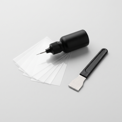 Kelymont GlassFix windshield repair kit: resin applicator, curing films and razor blade