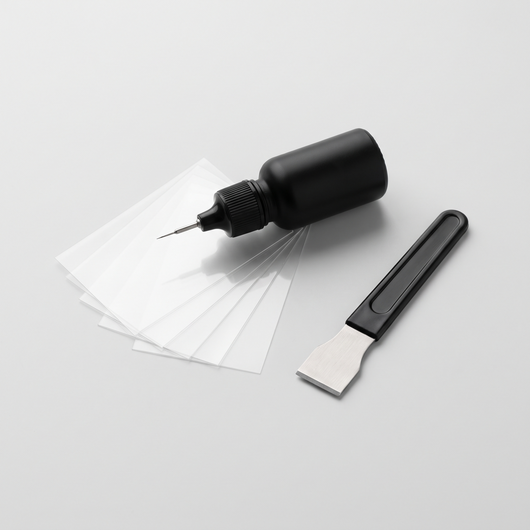 Kelymont GlassFix windshield repair kit: resin applicator, curing films and razor blade